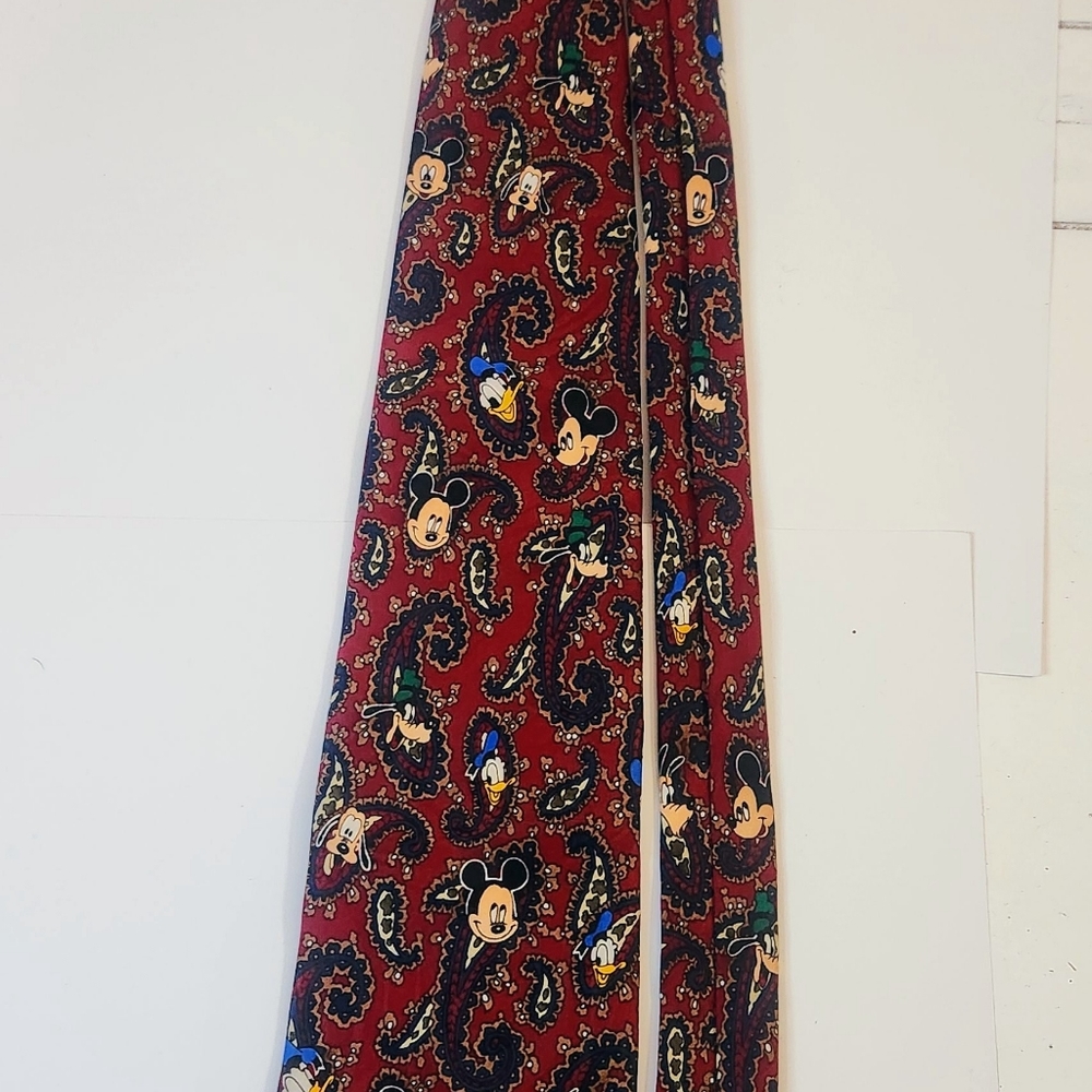 Disney Tie Vintage Burgundy Red Paisley Mickey, Goofy, Donald and Pluto